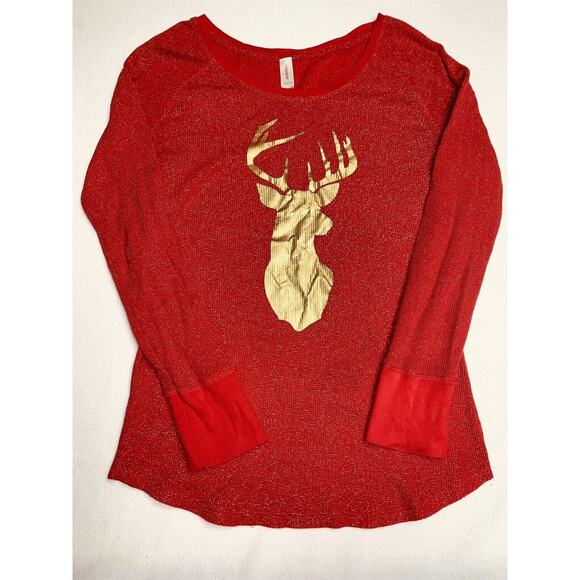 Red Glitter Pullover L S Women's XXL Red w Metallic Thread & Gold Buck Deer Head - Picture 1 of 14